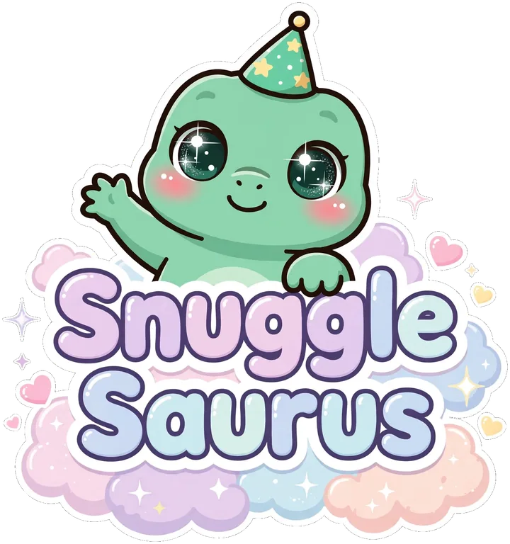 Snuggle Saurus logo — Tiny the T-Rex peeking over the words Snuggle Saurus